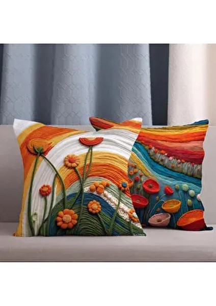 2 Li Kombin Renklii Bohemian Desen 3 Boyutlu Dijital Baskılı Kırlent Kılıfı