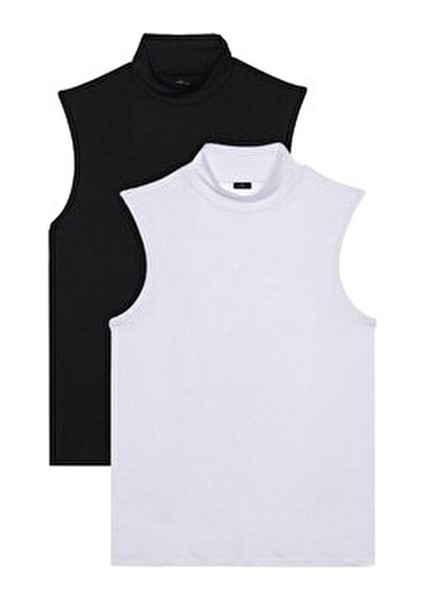 Kadın 2'li Paket Siyah-Beyaz Regular Fit Klasik Kesim Viskon Kumaş Balıkçı Yaka Sıfır Kol Bluz