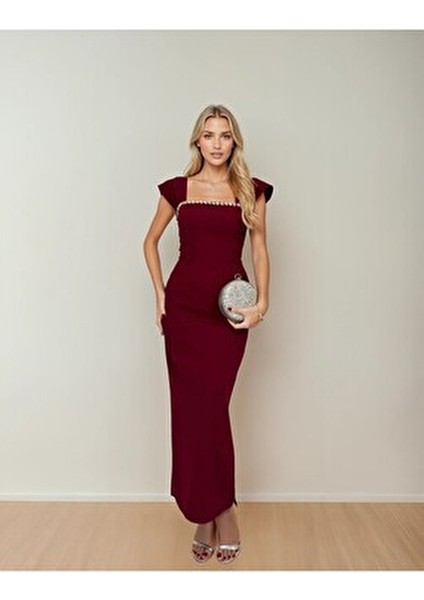 Kadın Yakası Taş Detaylı Atlas Kumaş Uzun Boy Düğün Nişan Söz Davet Elbisesi Klasik Kalem Silüet fiyatları