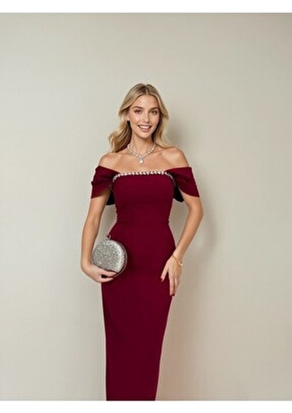 Kadın Yakası Taş Detaylı Atlas Kumaş Uzun Boy Düğün Nişan Söz Davet Elbisesi Klasik Kalem Silüet fırsatları