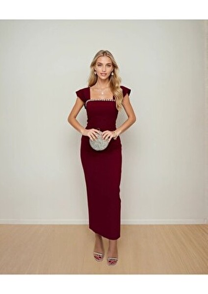 Kadın Yakası Taş Detaylı Atlas Kumaş Uzun Boy Düğün Nişan Söz Davet Elbisesi Klasik Kalem Silüet indirimleri