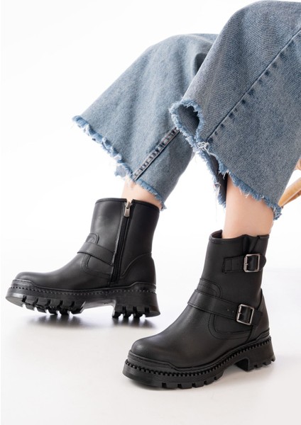 2051-2014 Siyah Tokalı Düz Topuklu Tokalı Fermuarlı Günlük Kadın Bot fiyatları