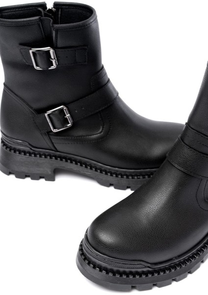 2051-2014 Siyah Tokalı Düz Topuklu Tokalı Fermuarlı Günlük Kadın Bot modelleri