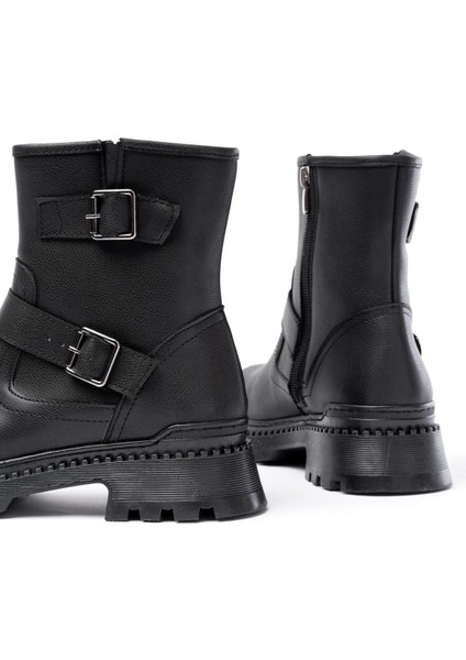 2051-2014 Siyah Tokalı Düz Topuklu Tokalı Fermuarlı Günlük Kadın Bot fırsatları