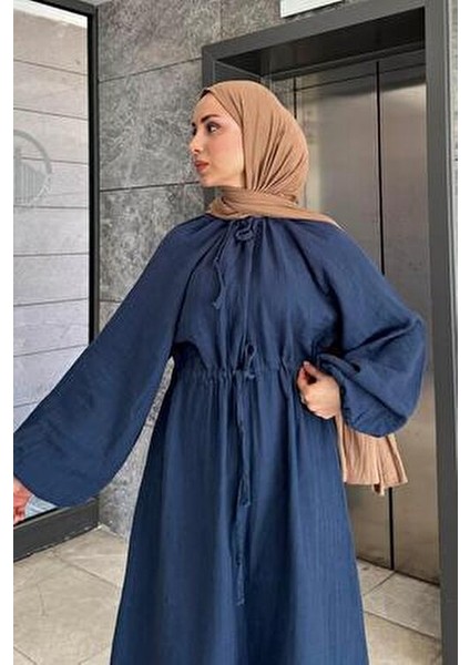 Balon Kol Bağlamalı Tesettür Elbise Lacivert modelleri