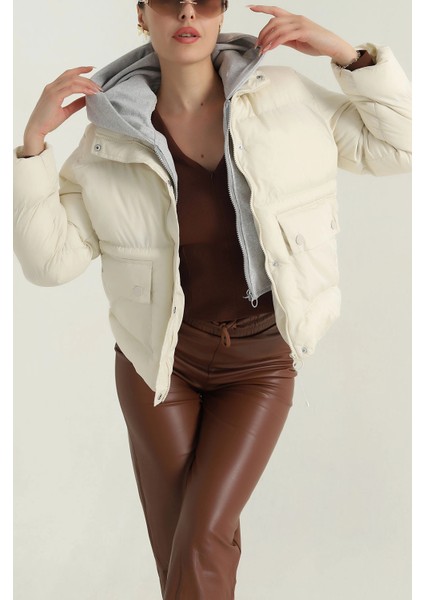 Taş Kapşonlu Şişme Kadın Mont