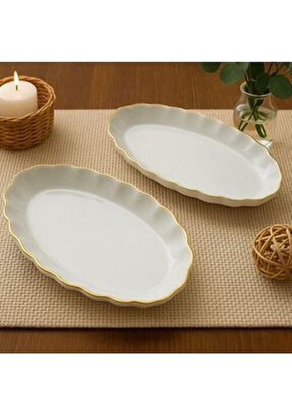 2li Inci Sunum Tabağı Gold Detaylı Kayık Salata Tabağı