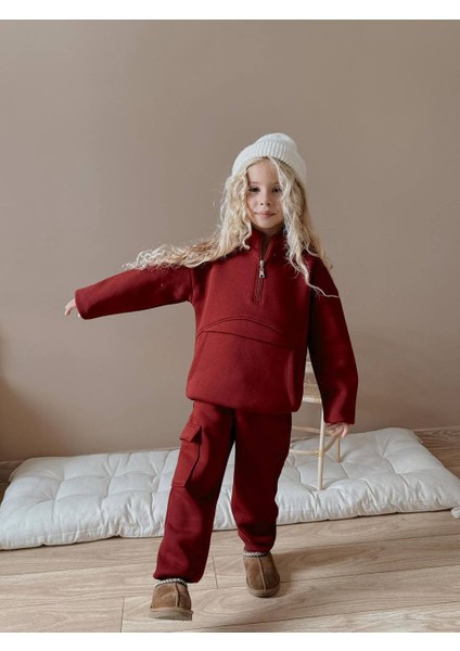 Kız Çocuk Kanguru Cepli Sweatshirtli Kışlık Takım