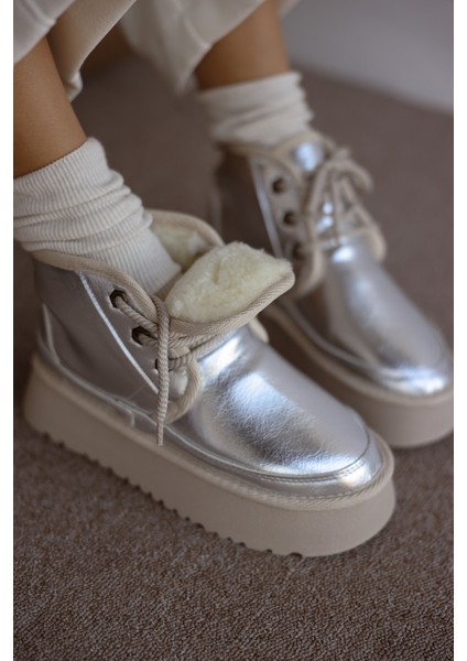 Hugo Bağcıklı Kalın Tabanlı Içi Kürklü Kadın Bot - Gümüş indirimleri