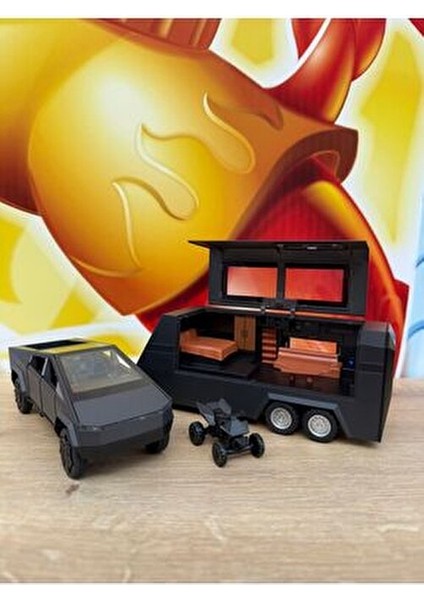 Tesla Cybertruck Diecast + Tesla Karavan Oyuncak Tesla Diecast Model Araba 3'lü Set Sesli Işıklı