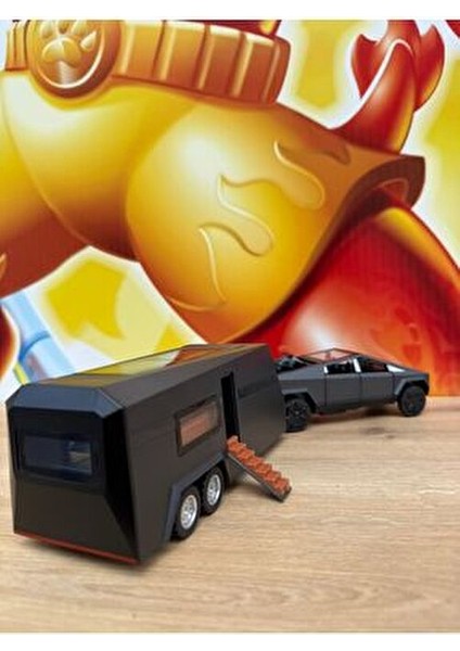 Tesla Cybertruck Diecast + Tesla Karavan Oyuncak Tesla Diecast Model Araba 3'lü Set Sesli Işıklı