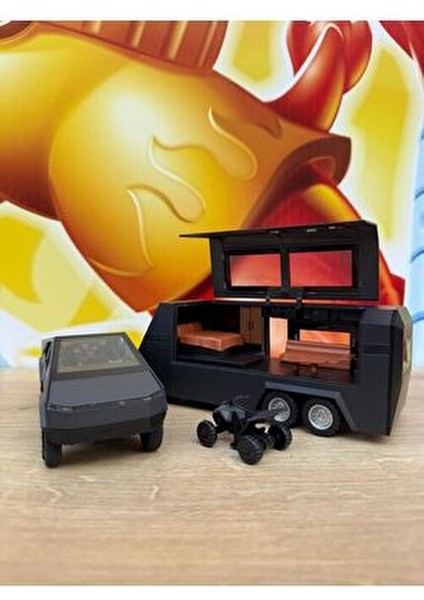 Tesla Cybertruck Diecast + Tesla Karavan Oyuncak Tesla Diecast Model Araba 3'lü Set Sesli Işıklı