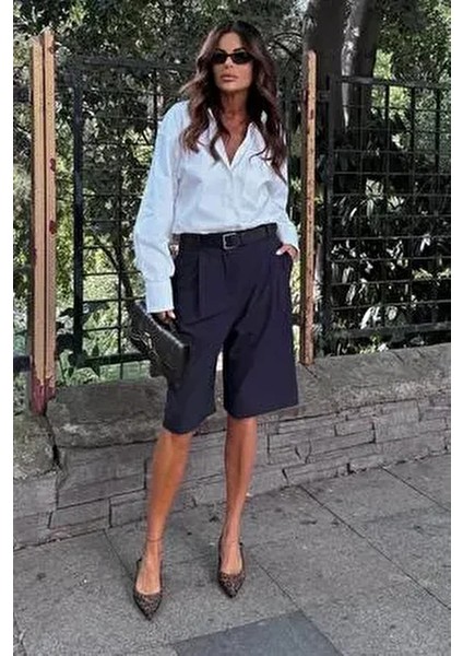 Lacivert Pileli Kadın Bermuda Şort MG2483