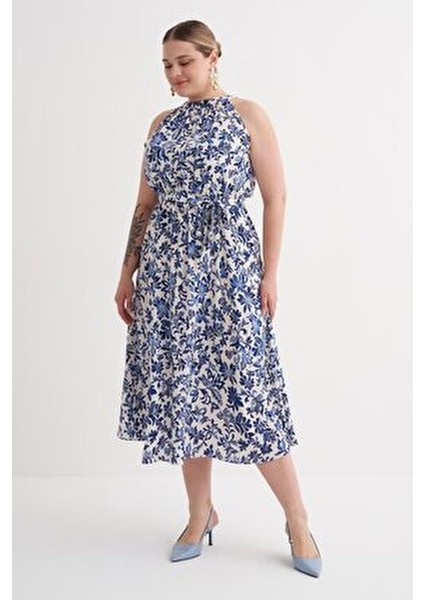 Halter Yaka Kuşaklı Desenli Uzun Elbise fiyatları