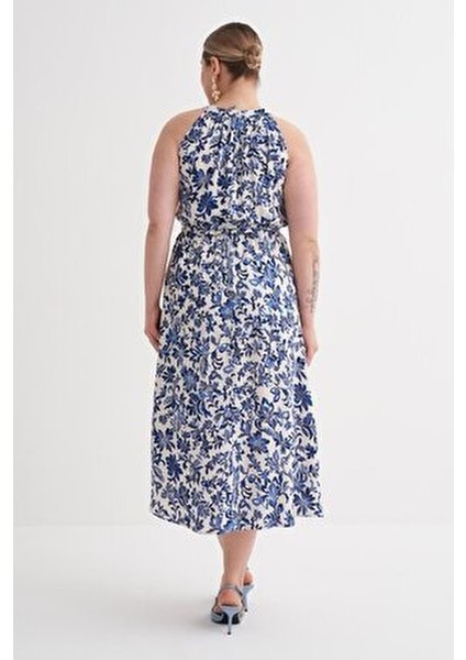 Halter Yaka Kuşaklı Desenli Uzun Elbise modelleri