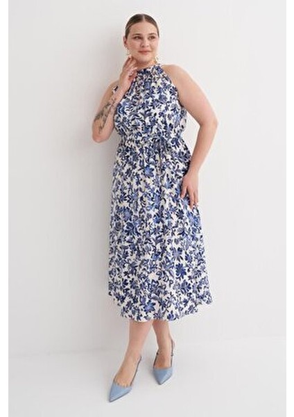 Halter Yaka Kuşaklı Desenli Uzun Elbise fırsatları