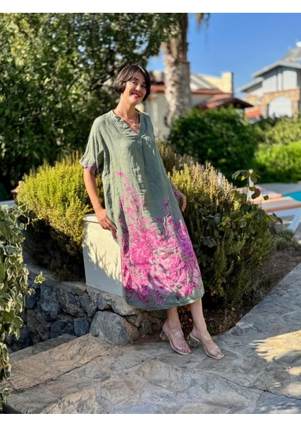 YG205050 Italyan V Yaka Çiçekli Keten Elbise Haki