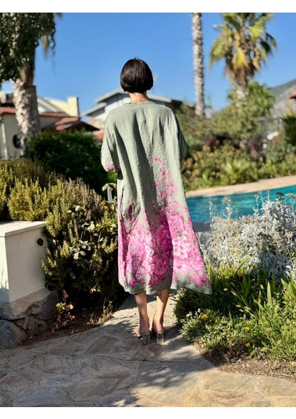 YG205050 Italyan V Yaka Çiçekli Keten Elbise Haki fiyatları