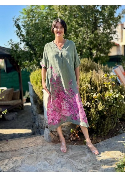 YG205050 Italyan V Yaka Çiçekli Keten Elbise Haki modelleri