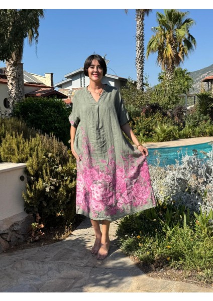 YG205050 Italyan V Yaka Çiçekli Keten Elbise Haki fırsatları