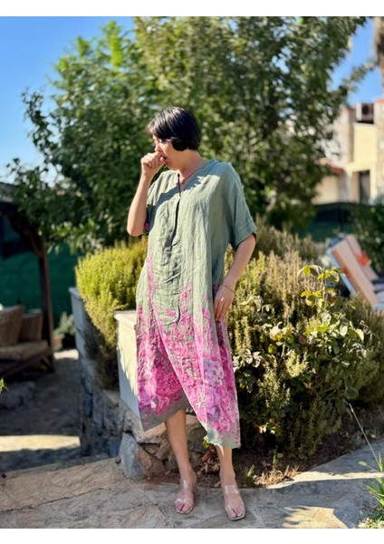 YG205050 Italyan V Yaka Çiçekli Keten Elbise Haki indirimleri
