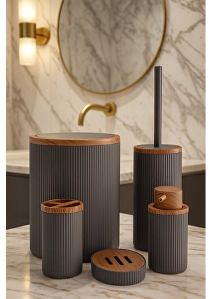 5 Parça Banyo Seti, Gri Ahşap Desenli, Çöp Kovası, Fırçalık, Sıvı Sabunluk, Diş Fırçalık, Sabunluk
