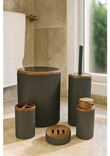 5 Parça Banyo Seti, Gri Ahşap Desenli, Çöp Kovası, Fırçalık, Sıvı Sabunluk, Diş Fırçalık, Sabunluk fiyatları