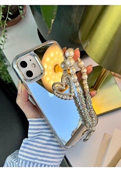 Iphone 12 ve 12 Pro Uyumlu Aynalı Charmlı Kalp Darbe Önleyici Kamera Korumalı Silikon Kılıf