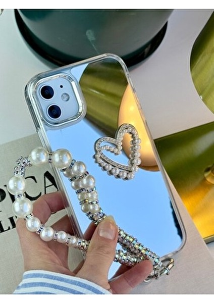 Iphone 12 ve 12 Pro Uyumlu Aynalı Charmlı Kalp Darbe Önleyici Kamera Korumalı Silikon Kılıf
