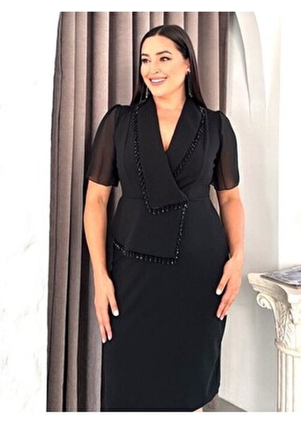Kadın Siyah Büyük Beden Ceket Yakalı Taş Detaylı Kısa Kol Abiye Elbise fırsatları