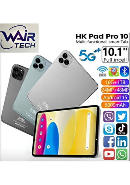Hk Pad Pro 10 Tablet 10.1 Inç Ekran 4GB+32GB - 5g Android 15 8000MAH Klavyeli Set