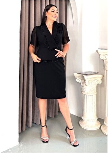 Kadın Siyah Büyük Beden Ceket Yakalı Taş Detaylı Kısa Kol Abiye Elbise indirimleri