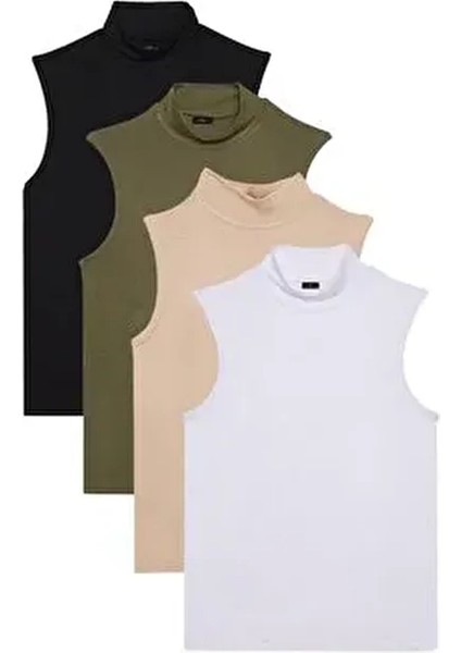 Kadın 4'lü Paket Siyah-Haki-Bej-Beyaz Regular Fit Viskon Kumaş Balıkçı Yaka Sıfır Kol Bluz