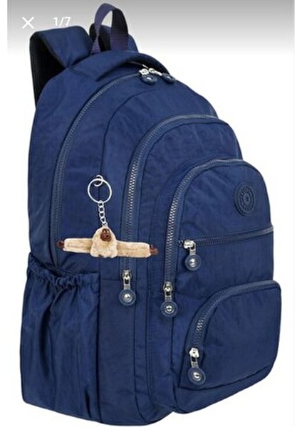 Tek Çanta Lüx Krinkıl Kumaş Lise ve Ortaokul Sırt Çantası + Kalemlik, Maymun Anahtarlık Hediyeli