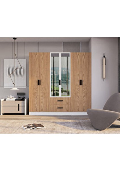 Valeria 6 Kapılı 2 Çekmeceli Gardrop Geniş Dolap & Aynalı Elbise Dolabı Atlantik Çam & Beyaz