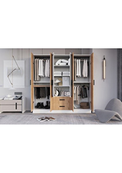 Valeria 6 Kapılı 2 Çekmeceli Gardrop Geniş Dolap & Aynalı Elbise Dolabı Atlantik Çam & Beyaz indirimleri
