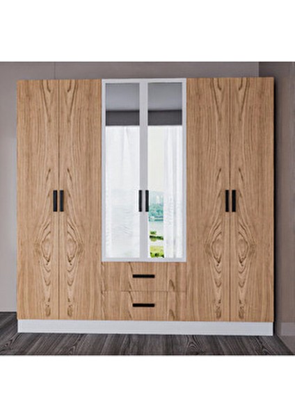 Valeria 6 Kapılı 2 Çekmeceli Gardrop Geniş Dolap & Aynalı Elbise Dolabı Atlantik Çam & Beyaz