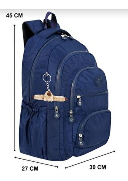 Tek Çanta Lüx Krinkıl Kumaş Lise ve Ortaokul Sırt Çantası + Kalemlik, Maymun Anahtarlık Hediyeli