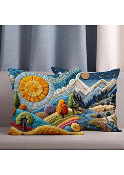 2 Li Kombin Punch Nakış Desen 3 Boyutlu Dijital Baskılı Kırlent Kılıfı