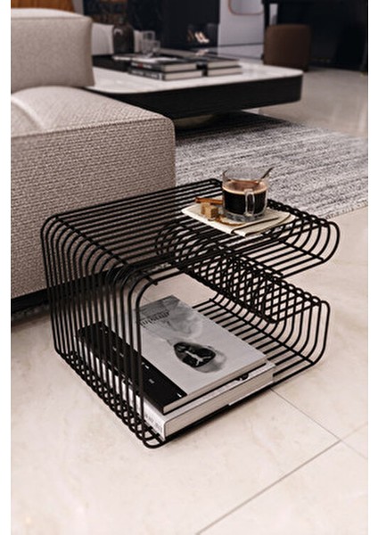 Siyah Tel Metal Tasarımlı Modern Paslanmaz Yan Sehpa, Dekoratif Metal Sehpa