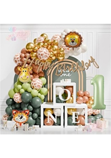 One 1 Yaş Safari Desenli Doğum Günü Konsepti Parti Kutlama Doğum Günü Konsepti