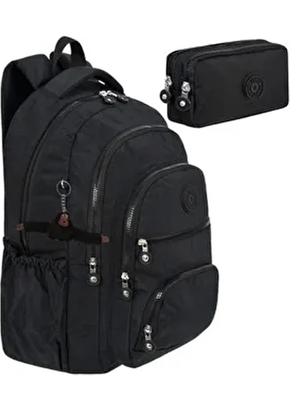 2'li Set Lüx Krinkıl Kumaş Lise ve Ortaokul Sırt Çantası + Kalemlik, Maymun Anahtarlık Hediyeli