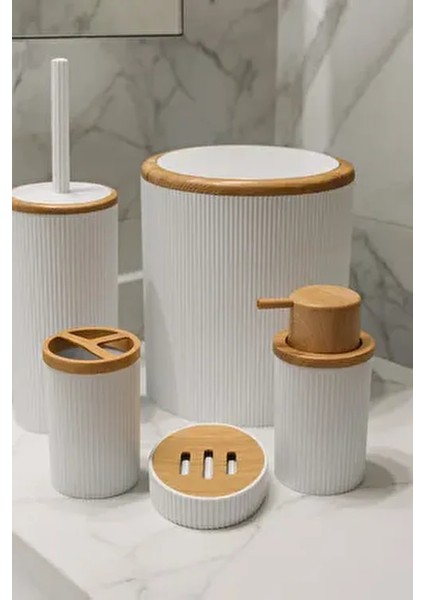 Beyaz Bambu Desenli 5 Parça Banyo Seti Çöp Kovası, Wc Fırçalık, Sıvı Sabunluk, Diş Fırçalık,sabunluk