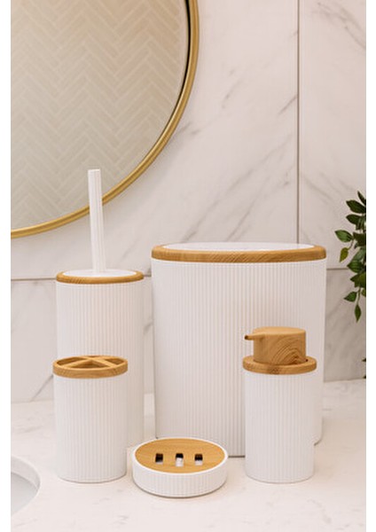 Beyaz Bambu Desenli 5 Parça Banyo Seti Çöp Kovası, Wc Fırçalık, Sıvı Sabunluk, Diş Fırçalık,sabunluk fiyatları