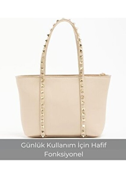 Krem Kadın Zımba Detaylı Pu Deri Tokalı El ve Omuz Çantası fiyatları