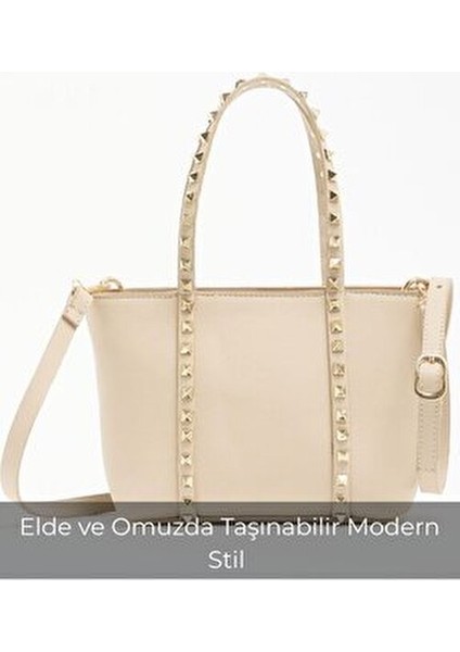 Krem Kadın Zımba Detaylı Pu Deri Tokalı El ve Omuz Çantası modelleri