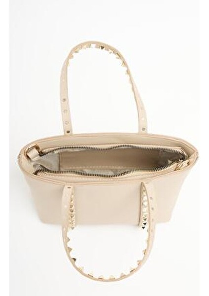 Krem Kadın Zımba Detaylı Pu Deri Tokalı El ve Omuz Çantası indirimleri