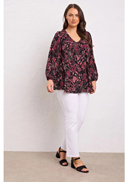 Kadın Bluz V Yaka Uzun Kollu İnce Kumaşlı Çiçekli Tasarım Büyük Beden fiyatları