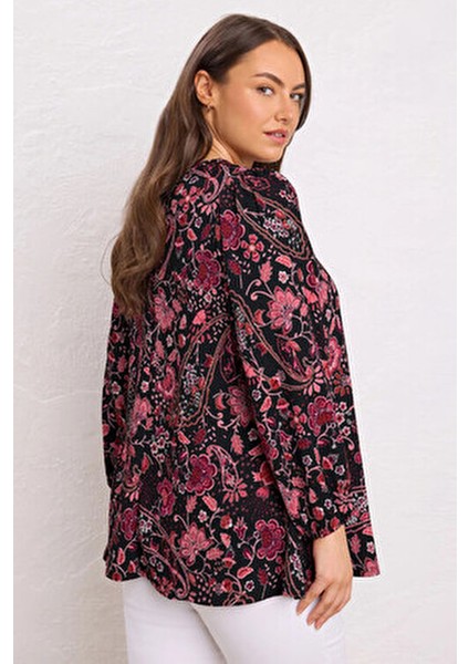 Kadın Bluz V Yaka Uzun Kollu İnce Kumaşlı Çiçekli Tasarım Büyük Beden fırsatları