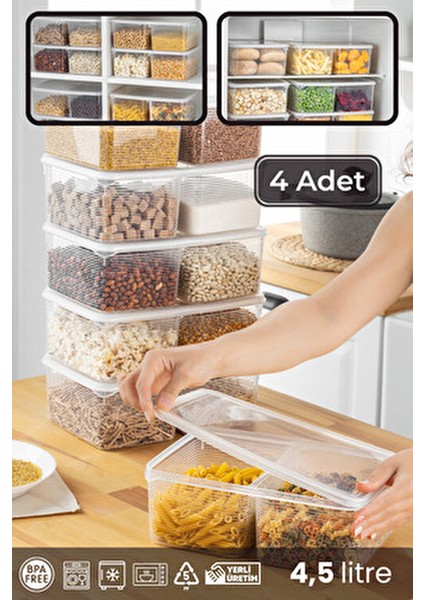 4 Adet 2 Bölmeli 4,5 Lt Dikdörtgen Kapaklı Buzdolabı ve Buzluk Düzenleyici